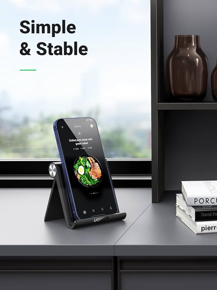 Problems Solved phone stand for desk, adjustable iPhone holder, modern design, holds mobile phones securely in a stable position.
