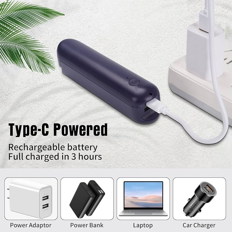 Problems Solved handheld mini fan with 3 speed settings, rechargeable and quiet for personal cooling.