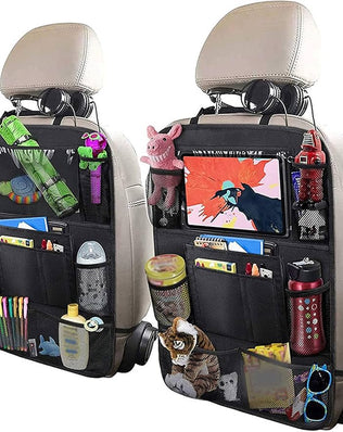 Problems Solved 2PCS car seat back organizer with six pockets, extra large capacity for storing essentials in vehicles.