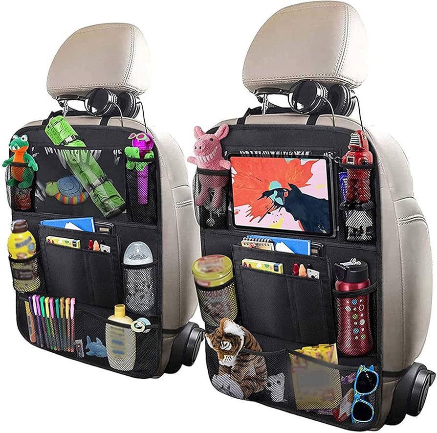 Problems Solved 2PCS car seat back organizer with six pockets, extra large capacity for storing essentials in vehicles.