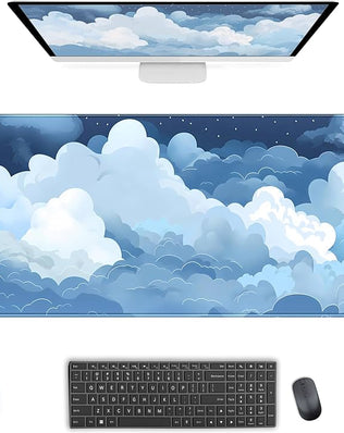 Blue and white fluffy cloud-themed desk mat by Problems Solved, soft gaming mouse pad with a cute, puffy cloud design.