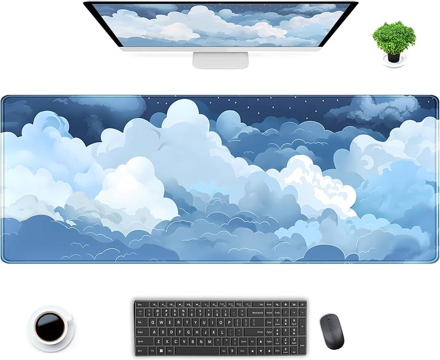 Blue and white fluffy cloud-themed desk mat by Problems Solved, soft gaming mouse pad with a cute, puffy cloud design.