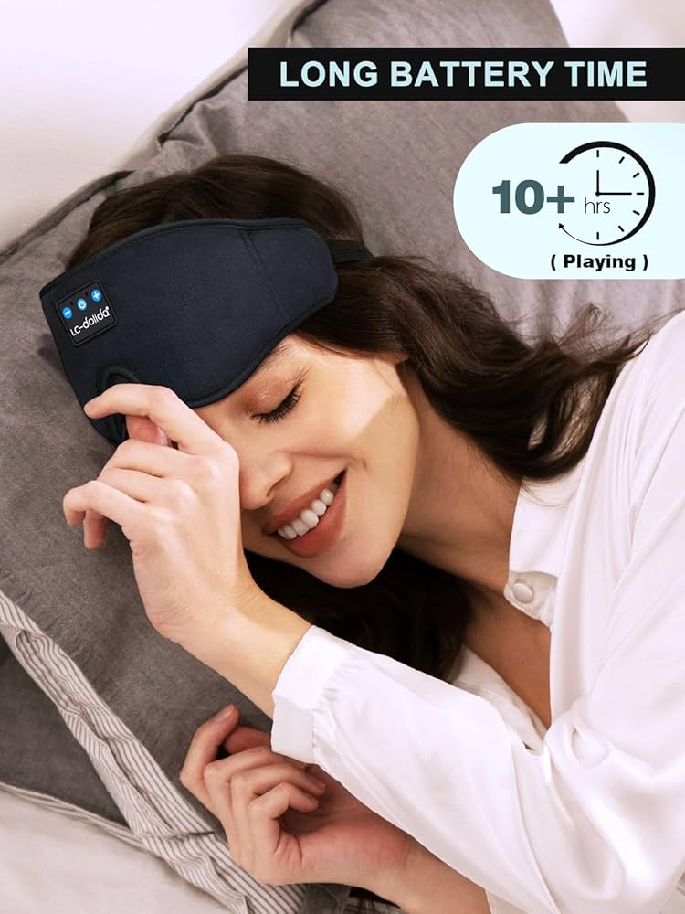 LC-dolida Bluetooth sleep mask headphones in black with 3D deep eye mask design, providing 200% blackout and comfortable fit.