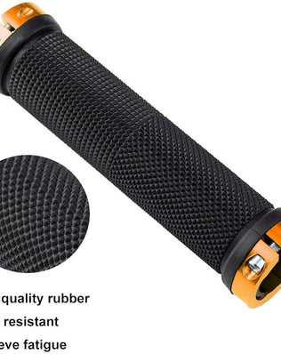 Pair of Problems Solved non-slip rubber bicycle handlebar grips with aluminum ends for comfortable bike riding.