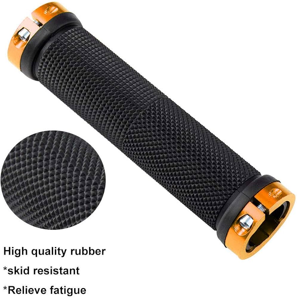 Pair of Problems Solved non-slip rubber bicycle handlebar grips with aluminum ends for comfortable bike riding.