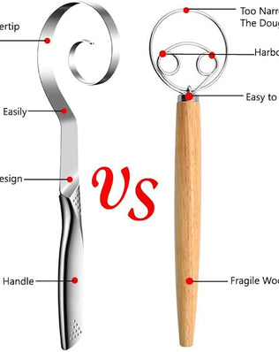 Problems Solved Danish dough whisk made of stainless steel, seamless design for efficient sourdough bread mixing.