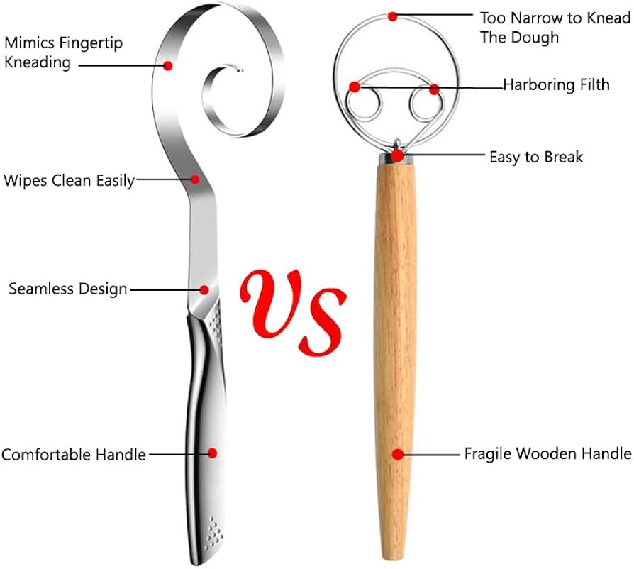 Problems Solved Danish dough whisk made of stainless steel, seamless design for efficient sourdough bread mixing.