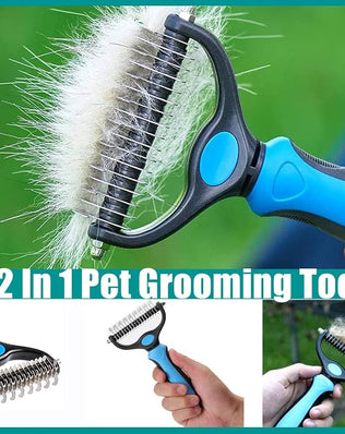 Problems Solved 2-in-1 pet grooming tool with dual-sided dematting comb for dogs and cats, showing the stainless steel blades and ergonomic handle.