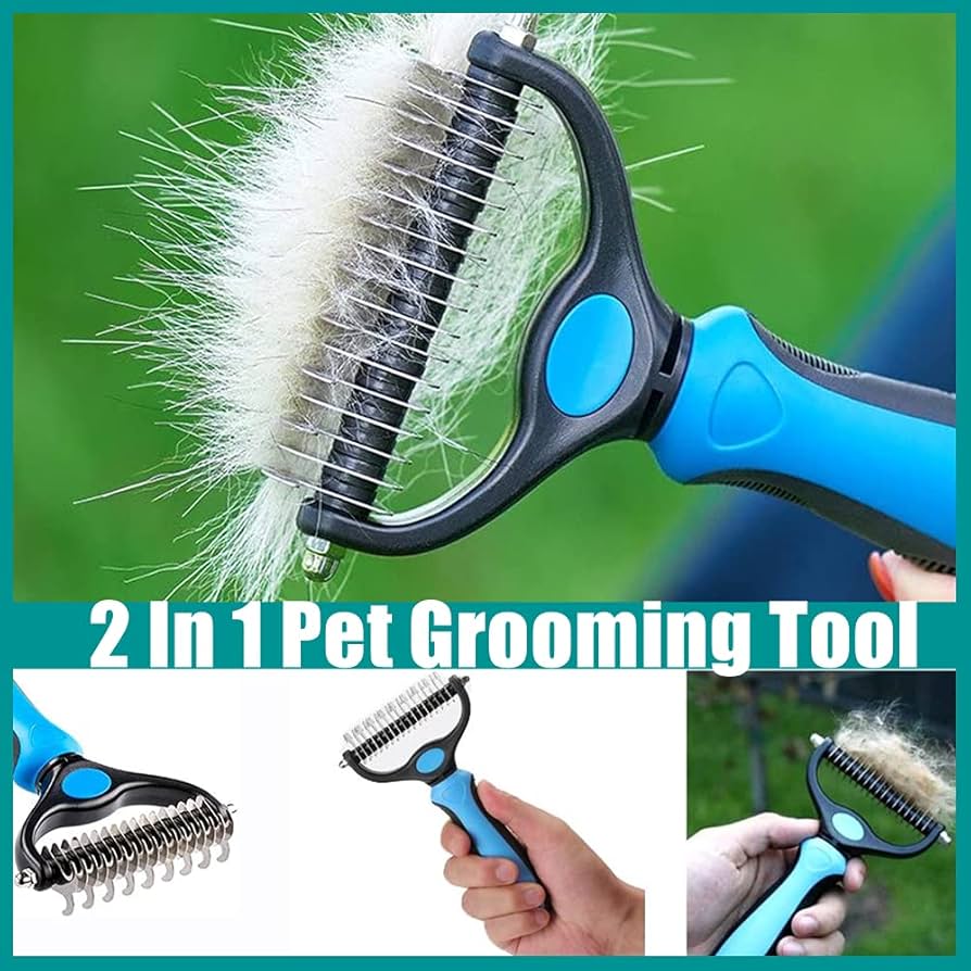 Problems Solved 2-in-1 pet grooming tool with dual-sided dematting comb for dogs and cats, showing the stainless steel blades and ergonomic handle.