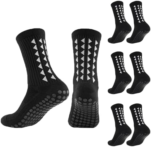 Three pairs of Problems Solved men's non-slip football grip socks showing reinforced ankle areas and textured soles for better traction.