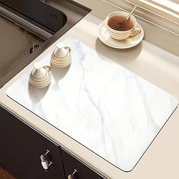 Problems Solved dish drying mat on kitchen counter, 24x16 inches, super absorbent and soft fabric for drying dishes and utensils.