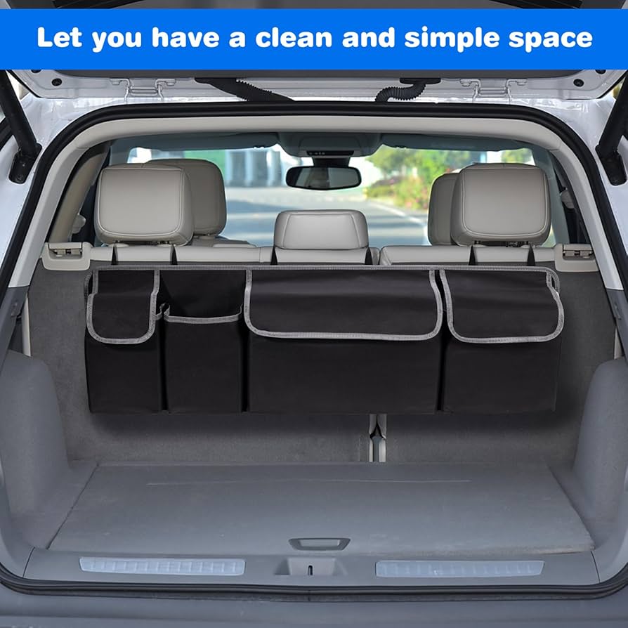 Problems Solved car back seat organizer with four pockets, designed to keep car interior tidy and organized.