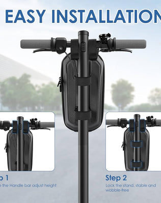Waterproof 3L electric scooter bag by Problems Solved, shown attached to a scooter for secure storage.