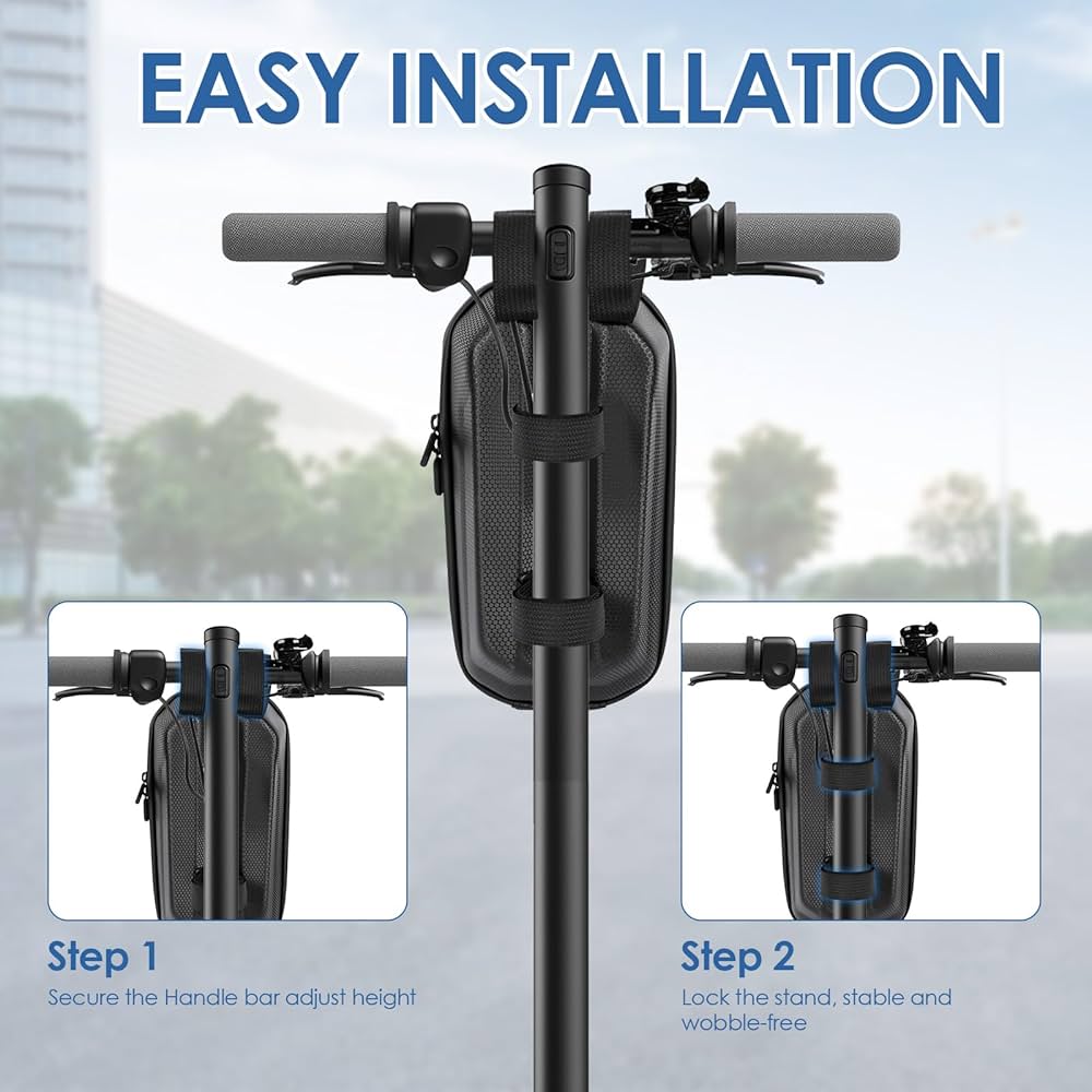 Waterproof 3L electric scooter bag by Problems Solved, shown attached to a scooter for secure storage.