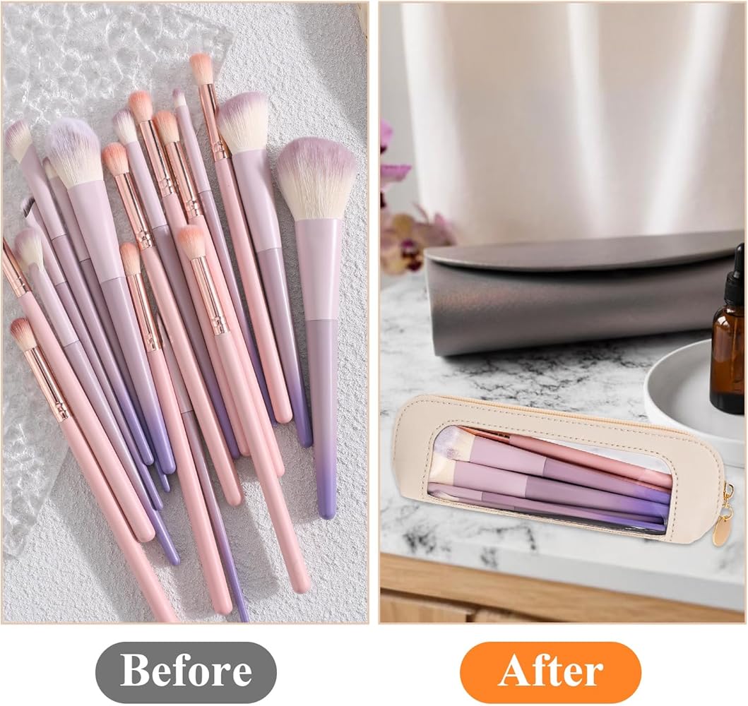 Small clear leather travel makeup bag with transparent design, ideal for storing makeup brushes and cosmetics on the go.