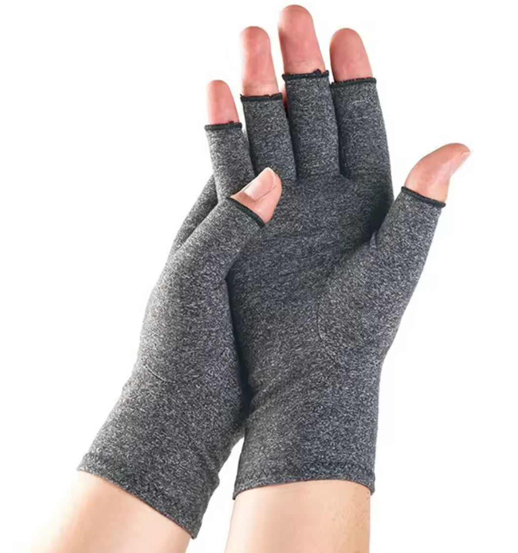 Problems Solved compression arthritis gloves and wrist support, showing a pair of supportive therapy wristbands with adjustable straps.