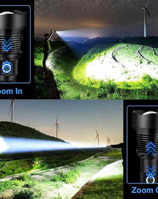 Rechargeable LED flashlight by Problems Solved with high lumens XHP90.2 super bright tactical design and durable build.
