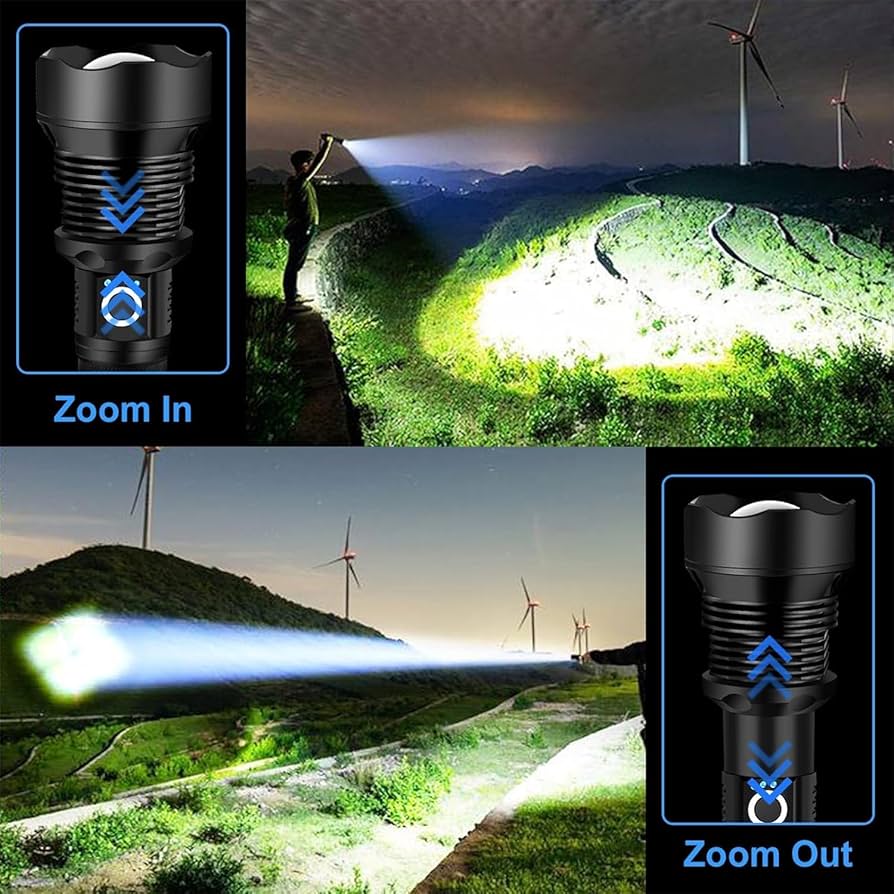 Rechargeable LED flashlight by Problems Solved with high lumens XHP90.2 super bright tactical design and durable build.