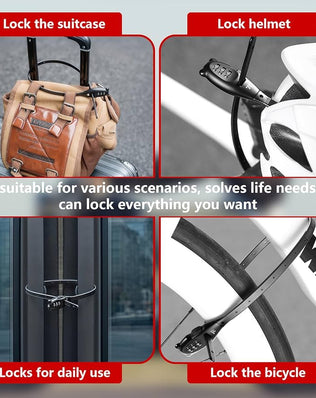 Problems Solved 3-digit combination cable lock with adjustable zip tie style for bike rack security, shown securing a bike.