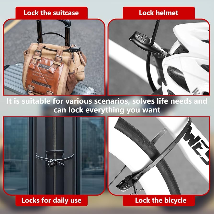 Problems Solved 3-digit combination cable lock with adjustable zip tie style for bike rack security, shown securing a bike.