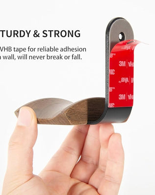 Problems Solved headset holder with 6cm wide walnut headrest, headphone stand featuring 3M tape and screw for secure mounting.