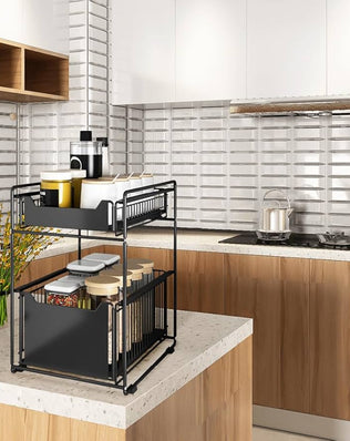 Problems Solved 2-tier under sink storage organizer with slide-out drawer, ideal for kitchen under sink organization and decluttering.