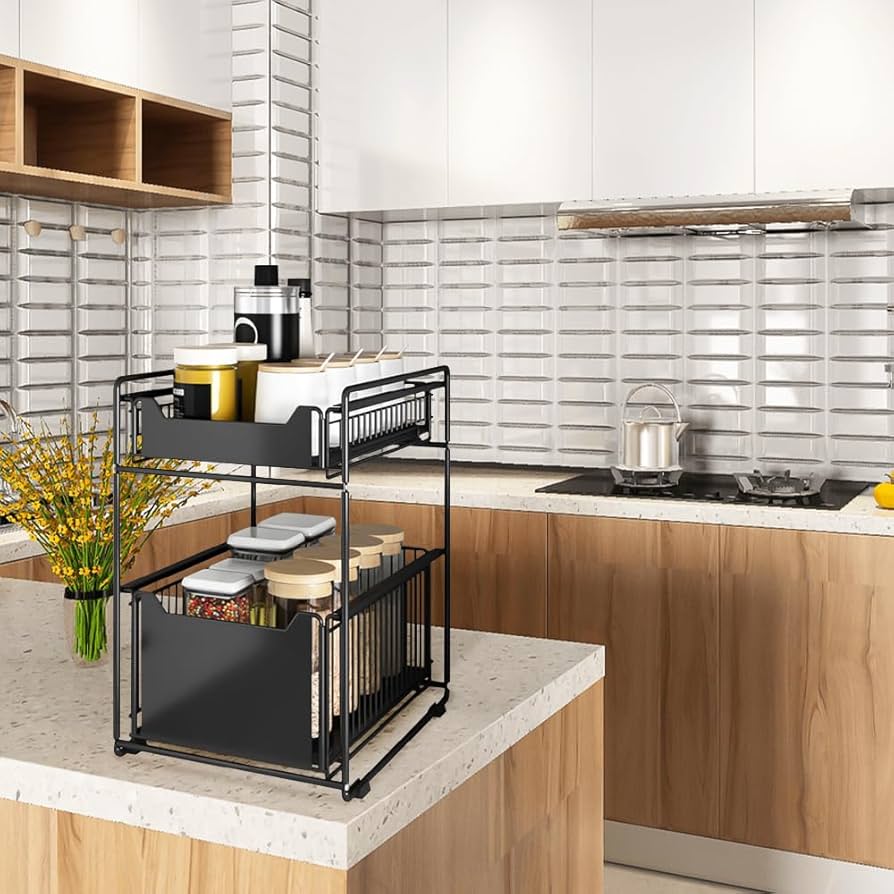 Problems Solved 2-tier under sink storage organizer with slide-out drawer, ideal for kitchen under sink organization and decluttering.