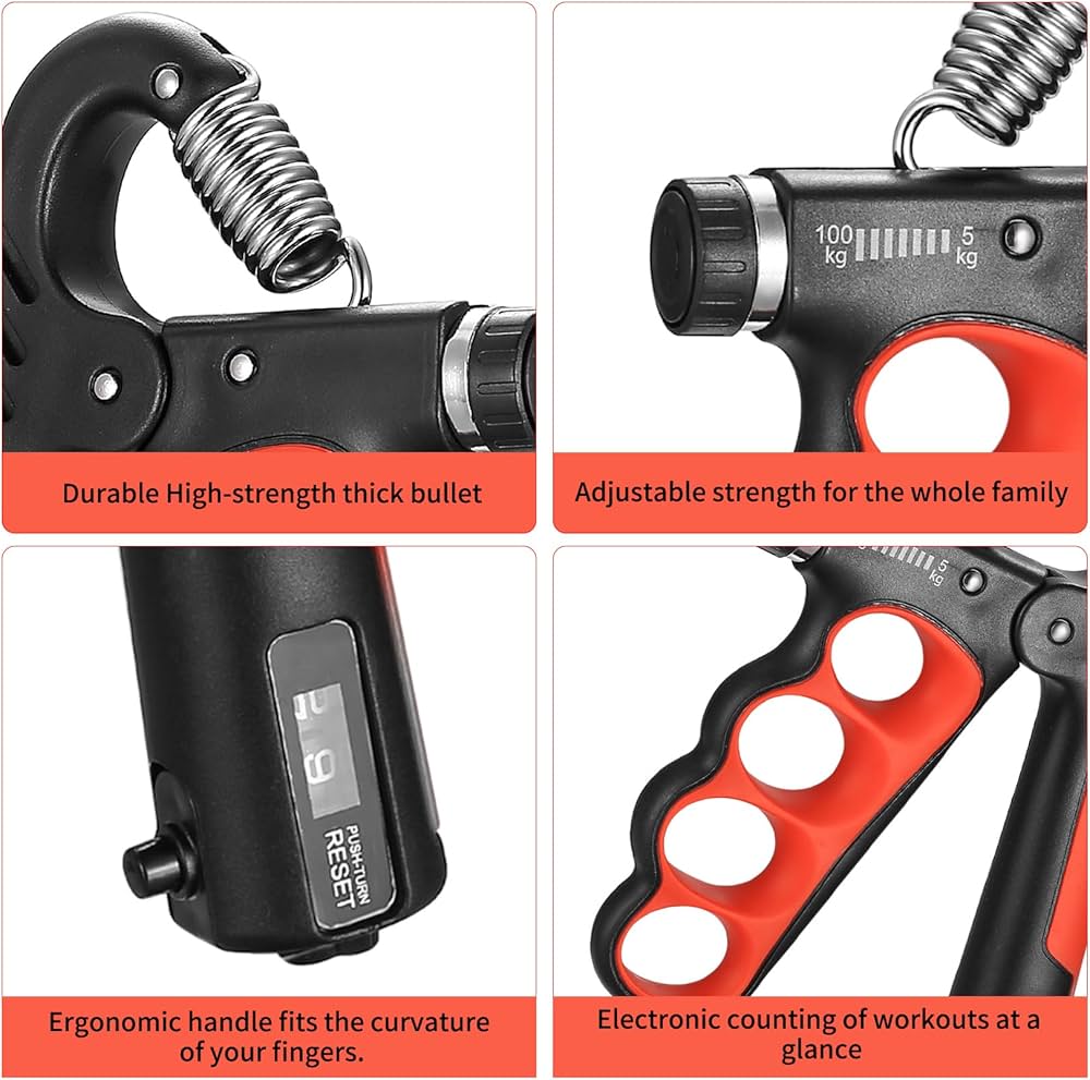 Problems Solved adjustable hand grip strengthener with 5-100 kg resistance, featuring a compact, ergonomic design for improved grip strength.