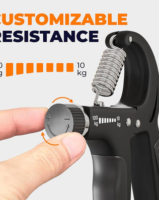 Problems Solved adjustable grip strengthener with metal grip handles, showing a person squeezing the forearm exerciser under bright light.