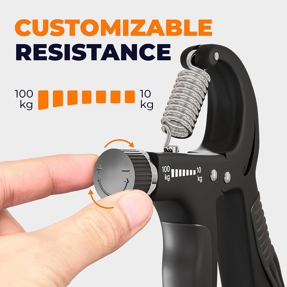 Problems Solved adjustable grip strengthener with metal grip handles, showing a person squeezing the forearm exerciser under bright light.