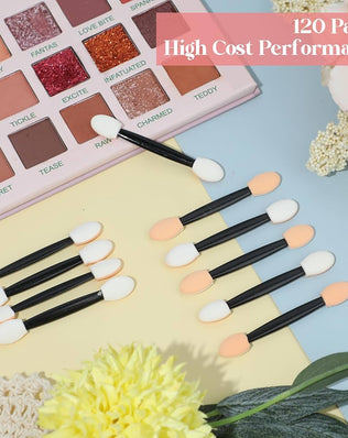 Set of 120 disposable eyeshadow applicators by Problems Solved, 2.5-inch sponge eye shadow applicators for professional makeup application.