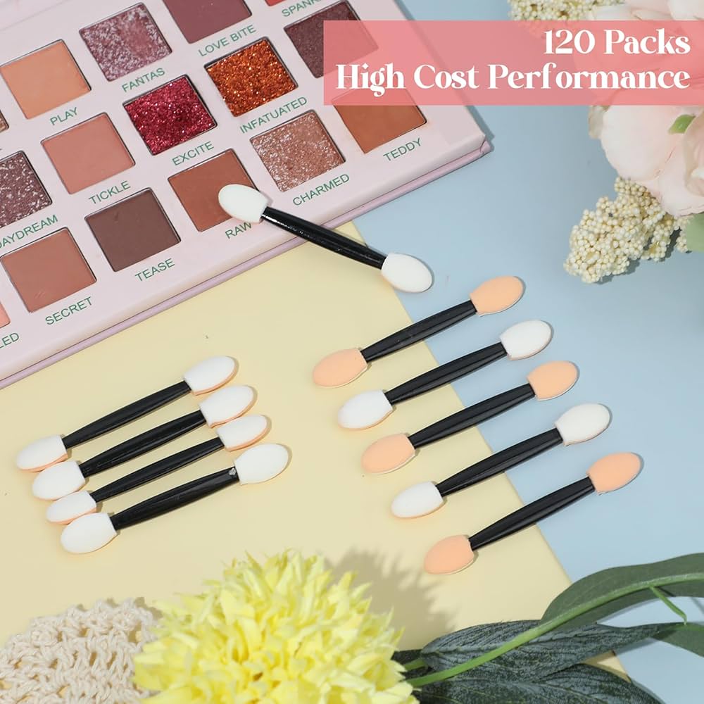 Set of 120 disposable eyeshadow applicators by Problems Solved, 2.5-inch sponge eye shadow applicators for professional makeup application.