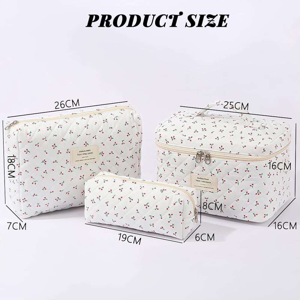 Beauty Case, 3 Pieces Floral Large Capacity Makeup Bag, Quilted Toiletry Bag