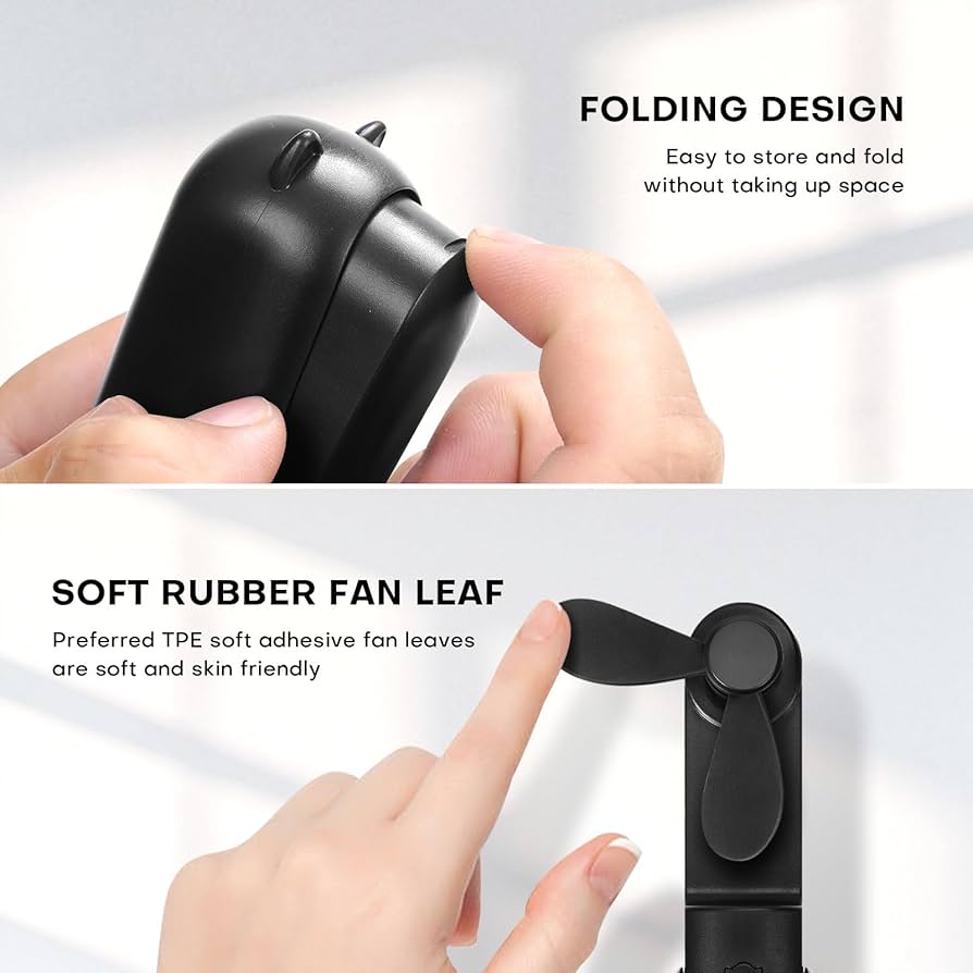 Problems Solved mini handheld fan with 3 speeds, rechargeable and portable USB fan, quiet operation, ideal for personal cooling.