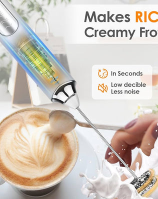 Problems Solved handheld rechargeable milk frother with stainless steel whisks, ideal for making creamy froth for coffee drinks.