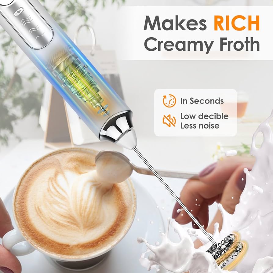 Problems Solved handheld rechargeable milk frother with stainless steel whisks, ideal for making creamy froth for coffee drinks.