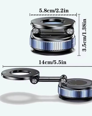 Problems Solved vacuum magnetic car phone holder with upgraded suction cup mount, shown attached to a car dashboard.