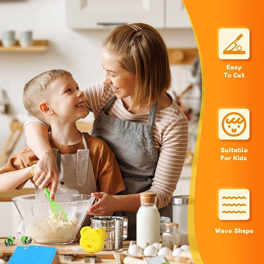 Kids safety knife set by Problems Solved, 17-piece children's kitchen knife set designed for real cooking and safe use.