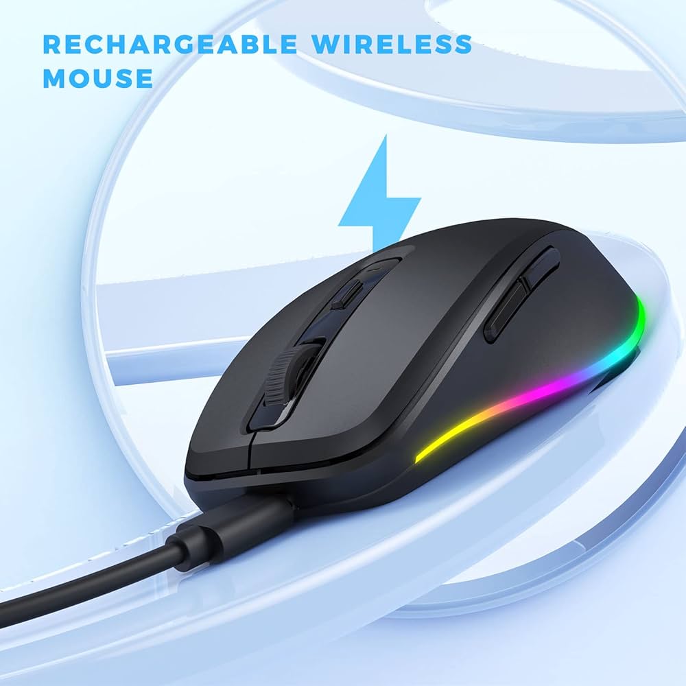 Wireless Problems Solved LED rechargeable mouse with silent buttons and 2.4G USB connection, designed for laptop use.