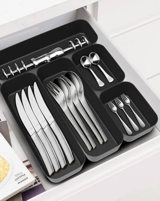 Problems Solved 16-piece drawer organiser box set for kitchen and bathroom storage, with compartments for organization.