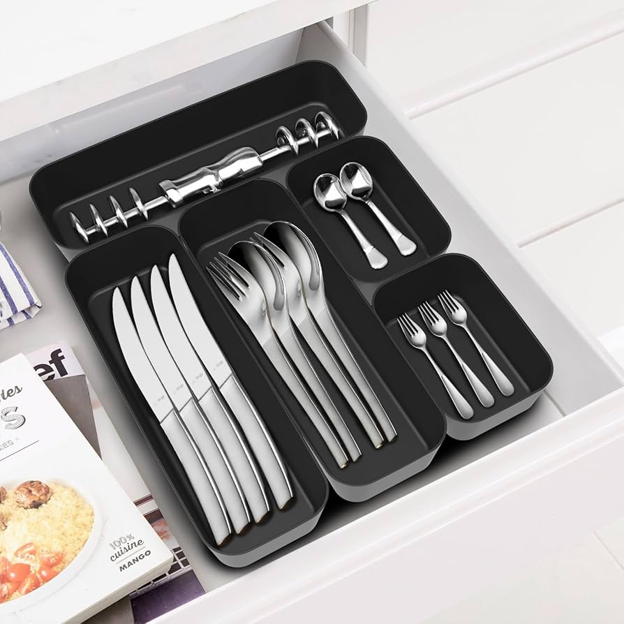 Problems Solved 16-piece drawer organiser box set for kitchen and bathroom storage, with compartments for organization.