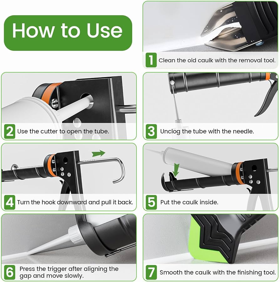 Problems Solved professional caulking gun kit with caulk removal tool and putty knife, 5-in-1 caulking tool for sealing and repairs