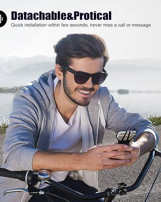 Problems Solved detachable bike phone holder mounted on bicycle handlebar, showing 360º rotation and universal compatibility for smartphones.