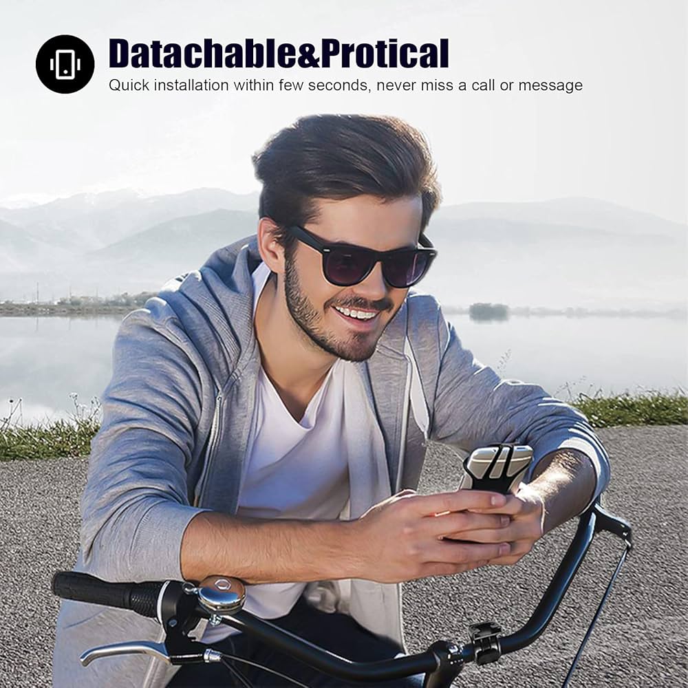 Problems Solved detachable bike phone holder mounted on bicycle handlebar, showing 360º rotation and universal compatibility for smartphones.