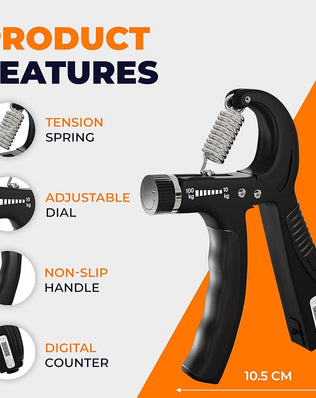 Problems Solved adjustable grip strengthener with handles and dial, used for forearm and hand muscle training from 10 to 100 kg.