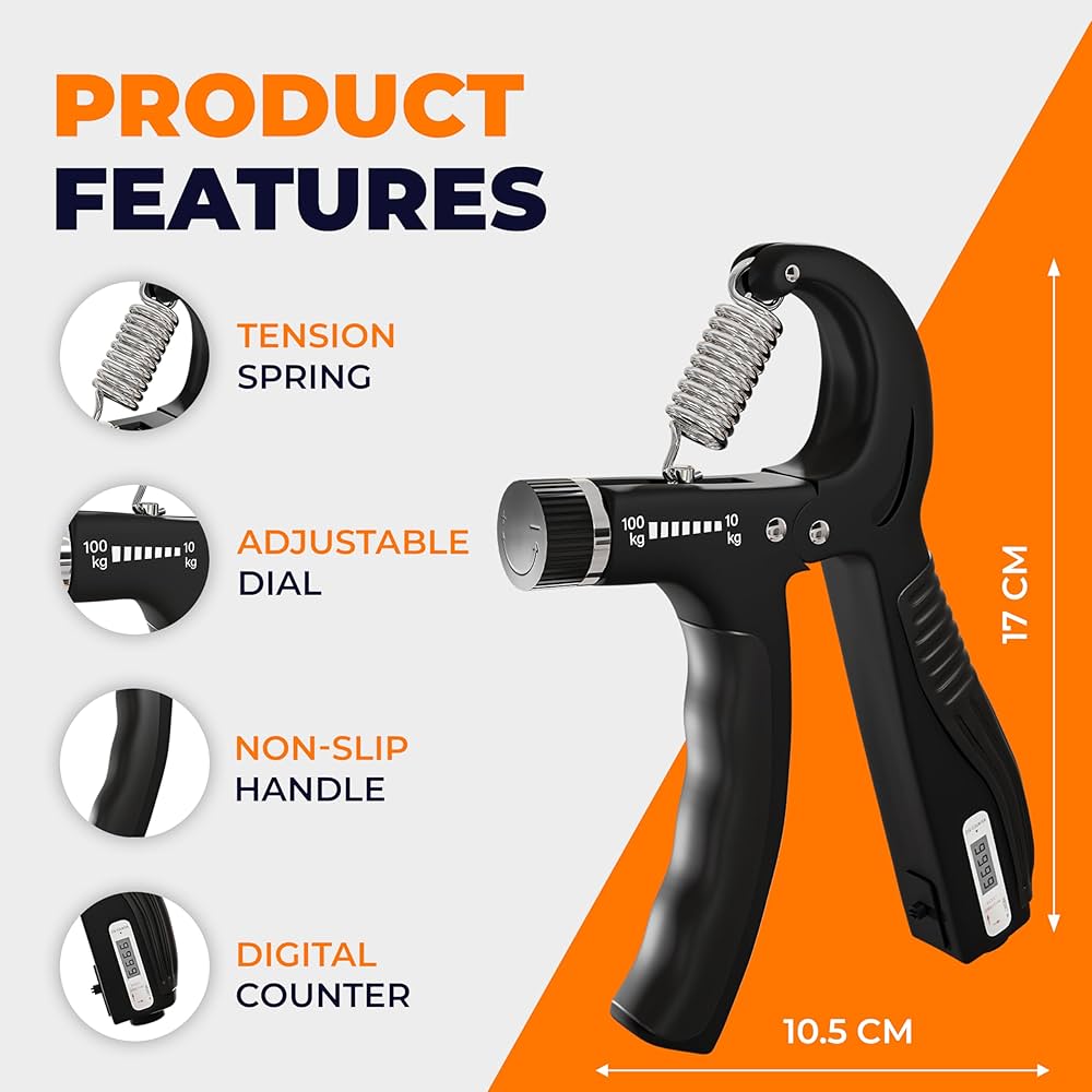 Problems Solved adjustable grip strengthener with handles and dial, used for forearm and hand muscle training from 10 to 100 kg.