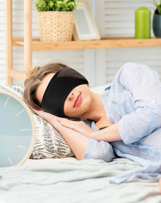 Problems Solved cotton sleep mask with adjustable fit and ear plugs for comfortable, restful sleep in a cozy, soft fabric.