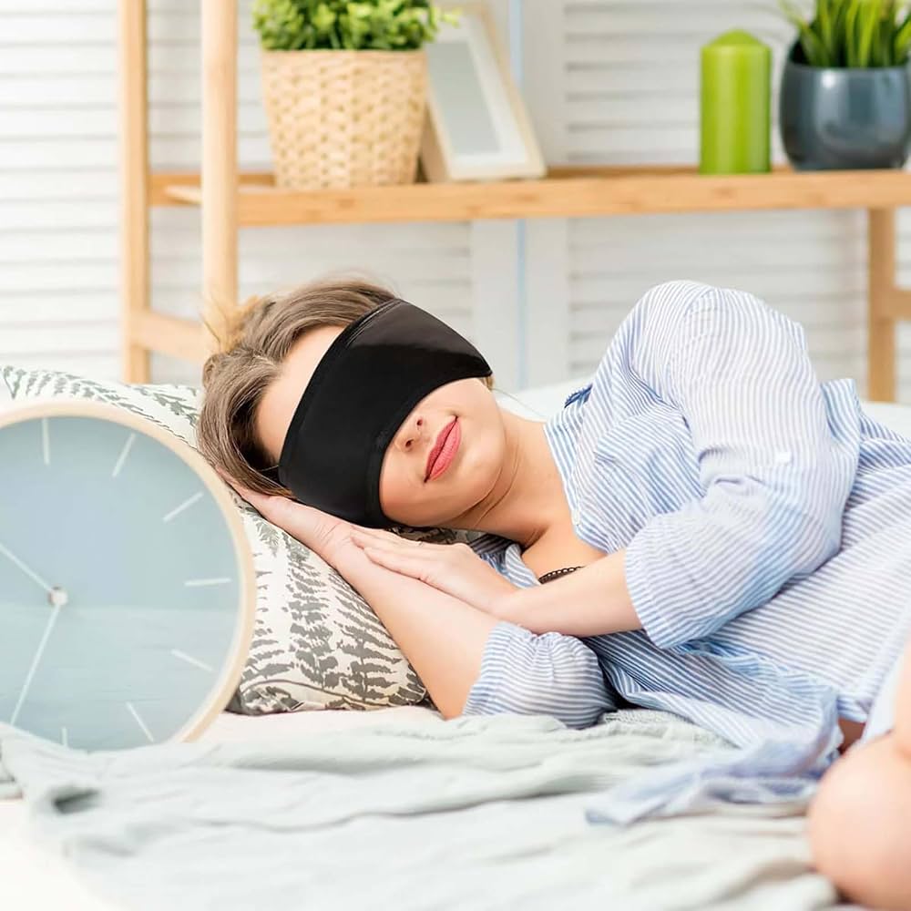 Problems Solved cotton sleep mask with adjustable fit and ear plugs for comfortable, restful sleep in a cozy, soft fabric.