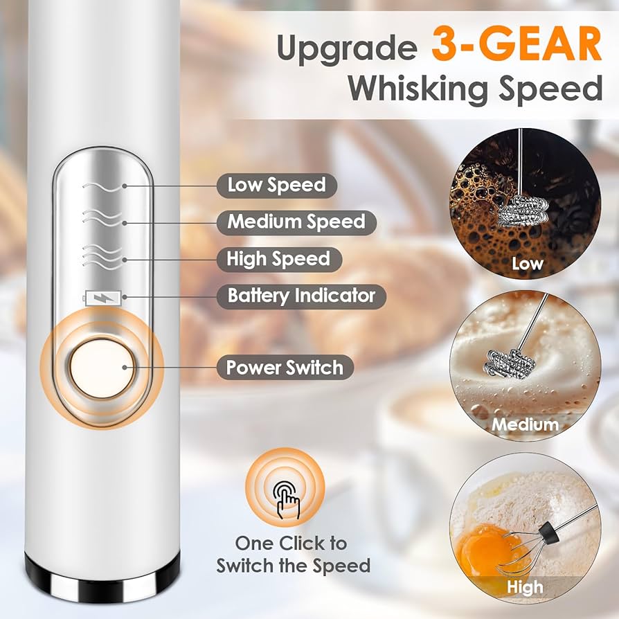 Problems Solved handheld milk frother with rechargeable wand and two stainless steel whisks for creamy coffee foam.