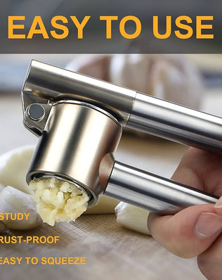 Problems Solved stainless steel garlic press with ergonomic handle and stainless steel mincer for easy garlic crushing and mincing.